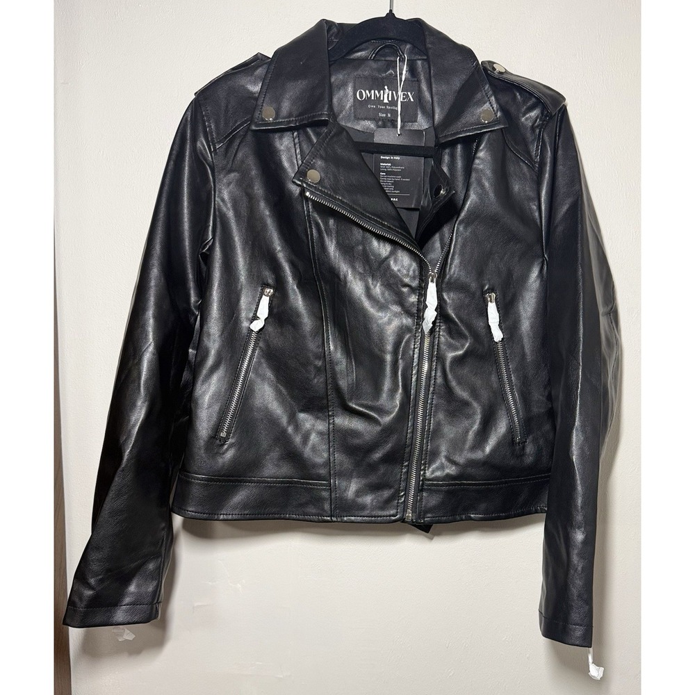 OMMIVEX Faux Leather Biker Jacket Women's Size Medium Black Zipper Polyester NWT